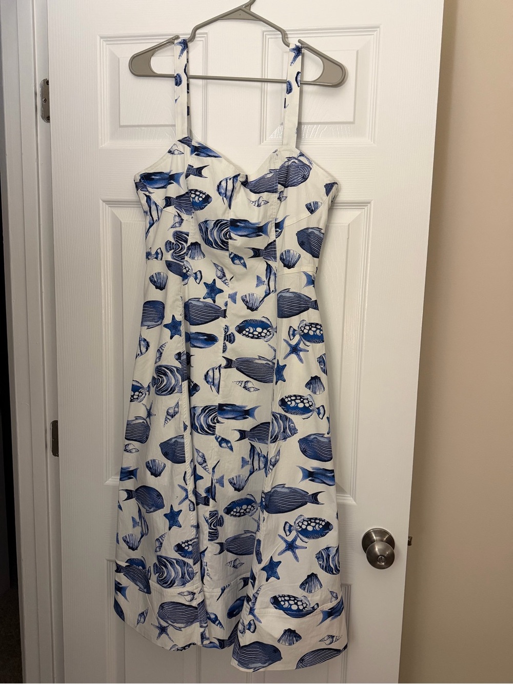Avec Les Filles White Dress with Blue Seashell Print